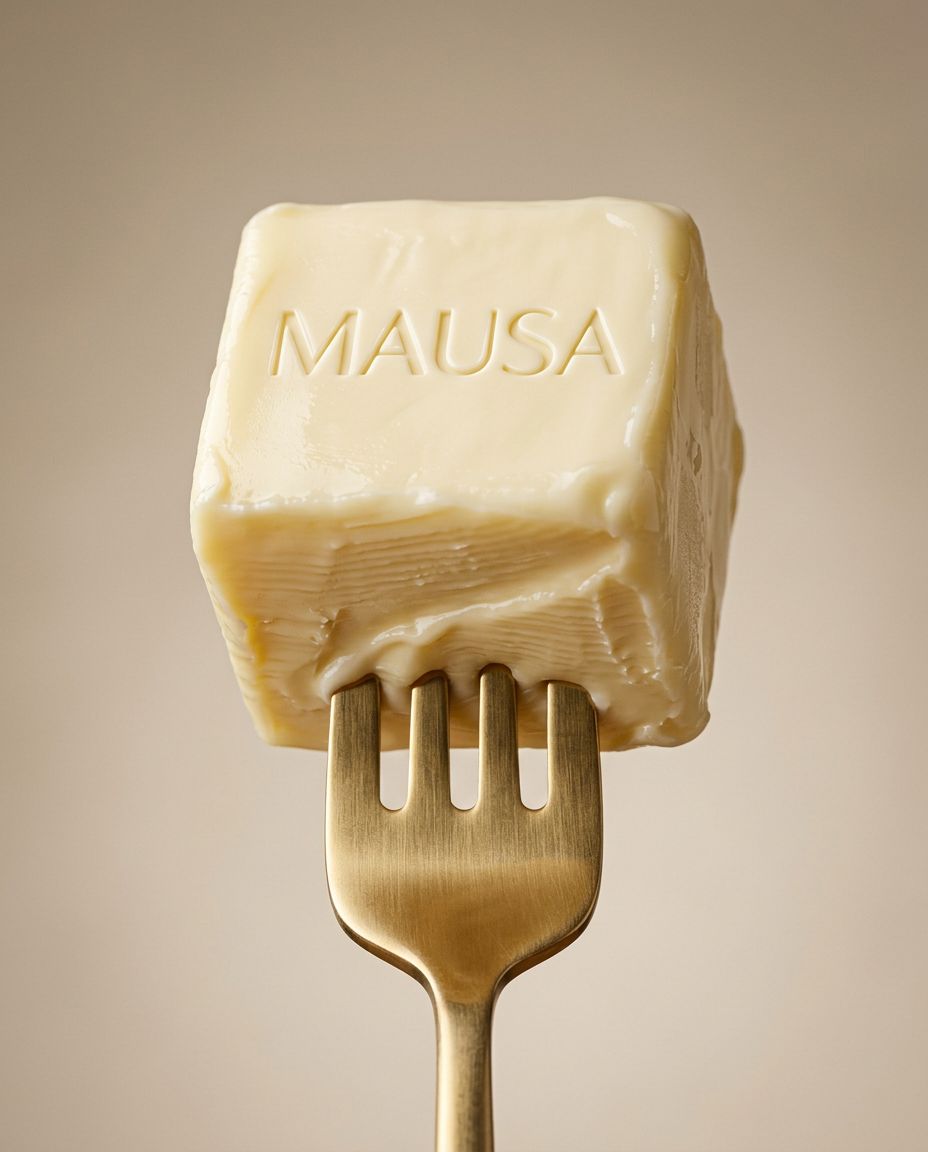 MAUSA branded butter on a gold fork