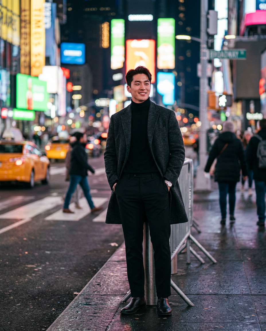 Man in Times Square at night
