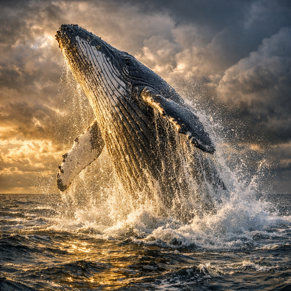 Majestic whale breaching at sunset